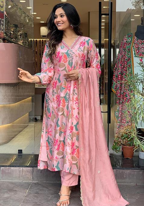 Pink Printed Rayon Kurta Set with Dupatta