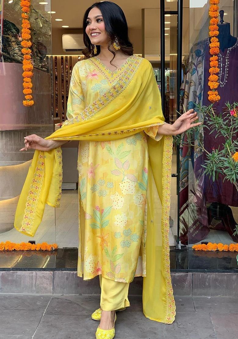 Yellow Embroidered Viscose Rayon Kurta Set