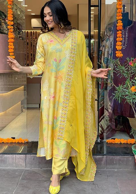 Yellow Embroidered Viscose Rayon Kurta Set