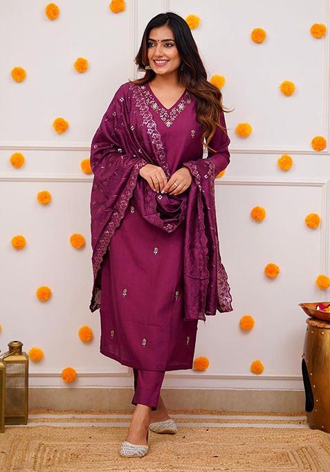 Purple Embroidered Viscose Kurta Set