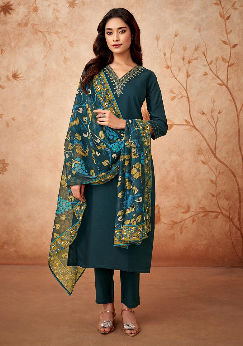 Blue Embroidered Chanderi Silk Kurta Set