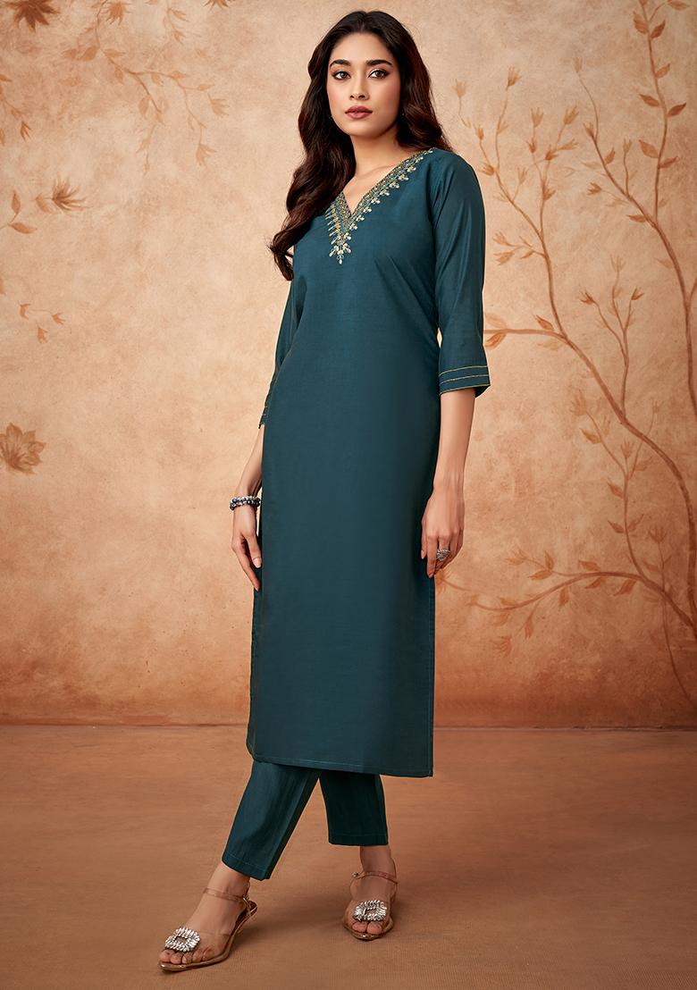 Blue Embroidered Chanderi Silk Kurta Set