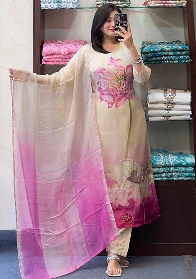 Cream Printed Silk Blend Kurta Set