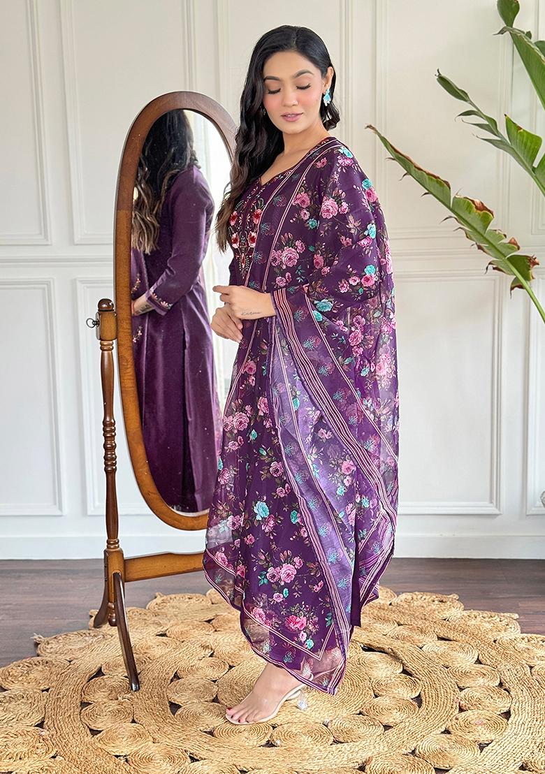 Purple Embroidered Chanderi Kurta Set