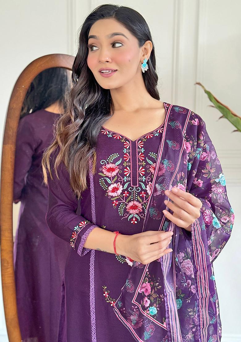 Purple Embroidered Chanderi Kurta Set