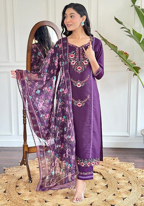 Purple Embroidered Chanderi Kurta Set