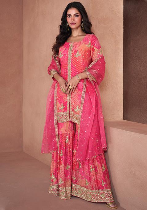 Pink Printed Georgette Kurta Set