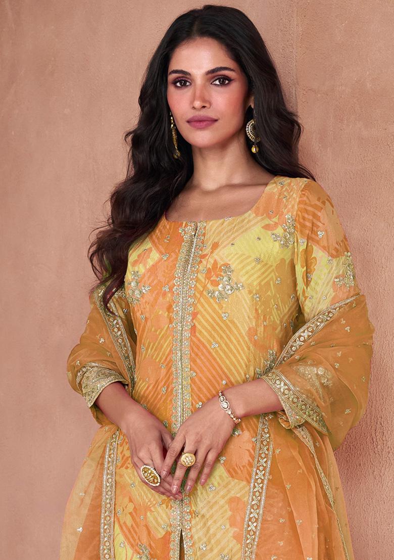 Yellow Printed Georgette Kurta Set