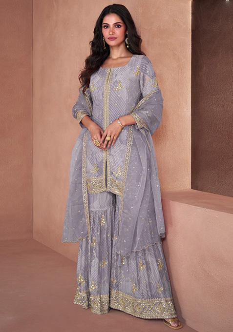 Grey Printed Georgette Kurta Set