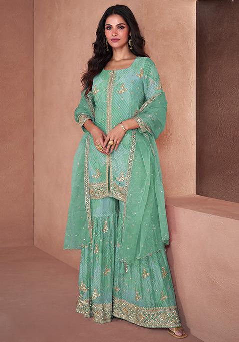 Bottle Green Printed Georgette Kurta Set