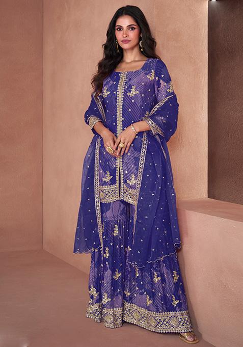 Blue Printed Georgette Kurta Set