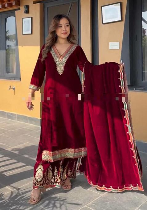 Maroon Embroidered Velvet Kurta Set