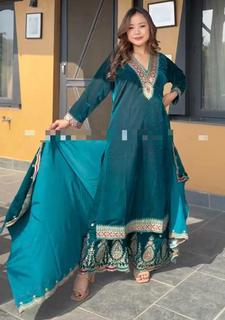 Rama Blue Embroidered Velvet Kurta Set