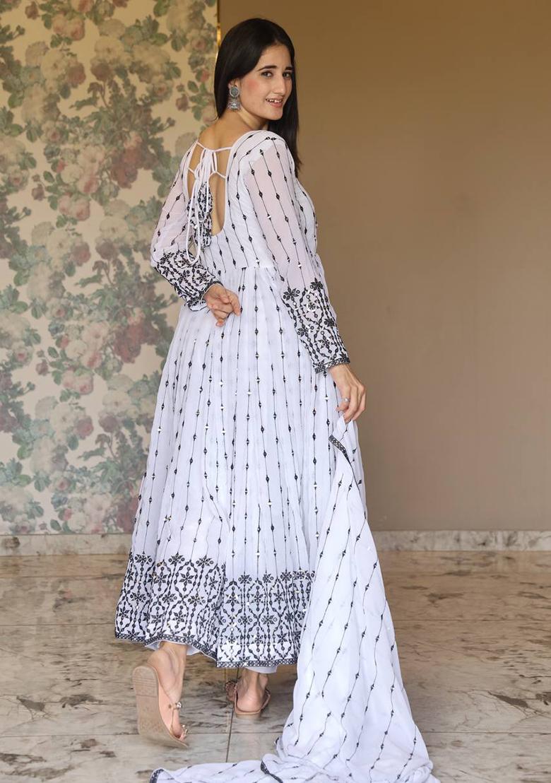 White Thread Sequin Embroidered Faux Georgette Anarkali Set
