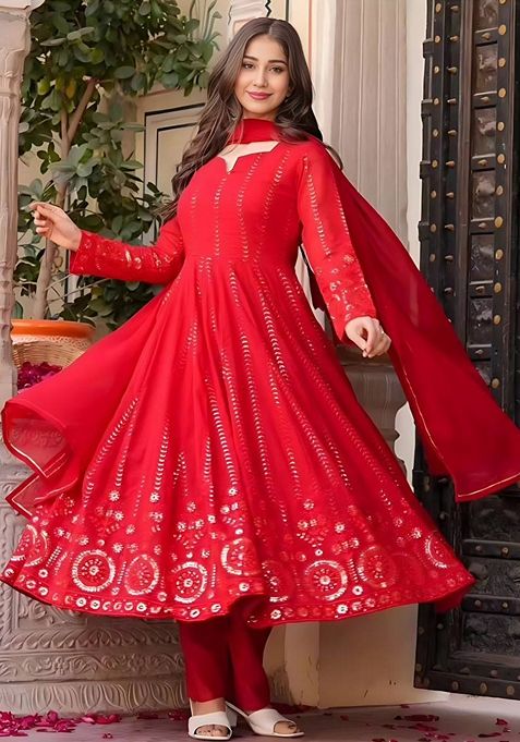 Red Thread Sequin Embroidered Faux Georgette Anarkali Set