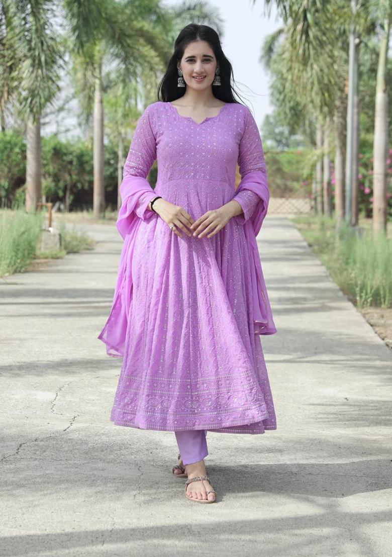Purple Thread Sequin Embroidered Faux Georgette Anarkali Set