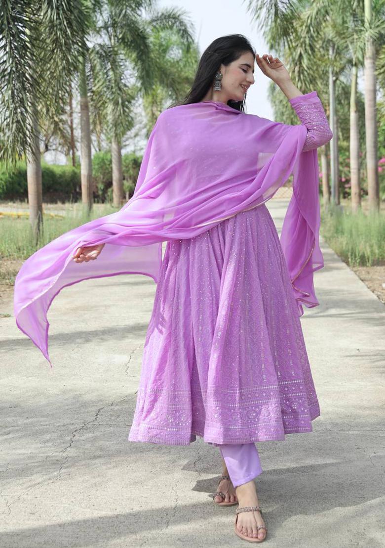 Purple Thread Sequin Embroidered Faux Georgette Anarkali Set