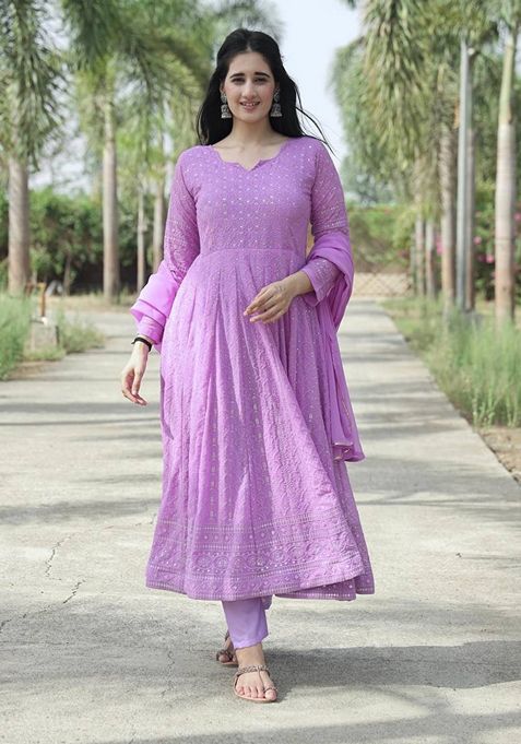 Purple Thread Sequin Embroidered Faux Georgette Anarkali Set