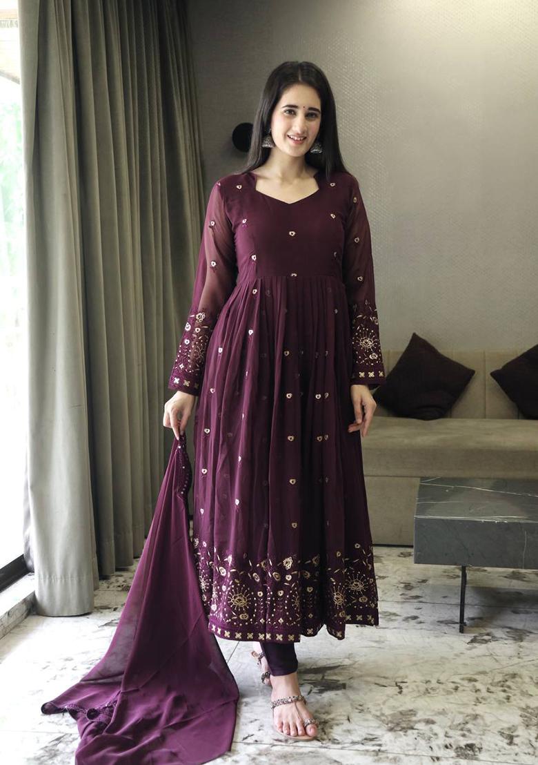 Wine Thread Sequin Embroidered Georgette Anarkali Set