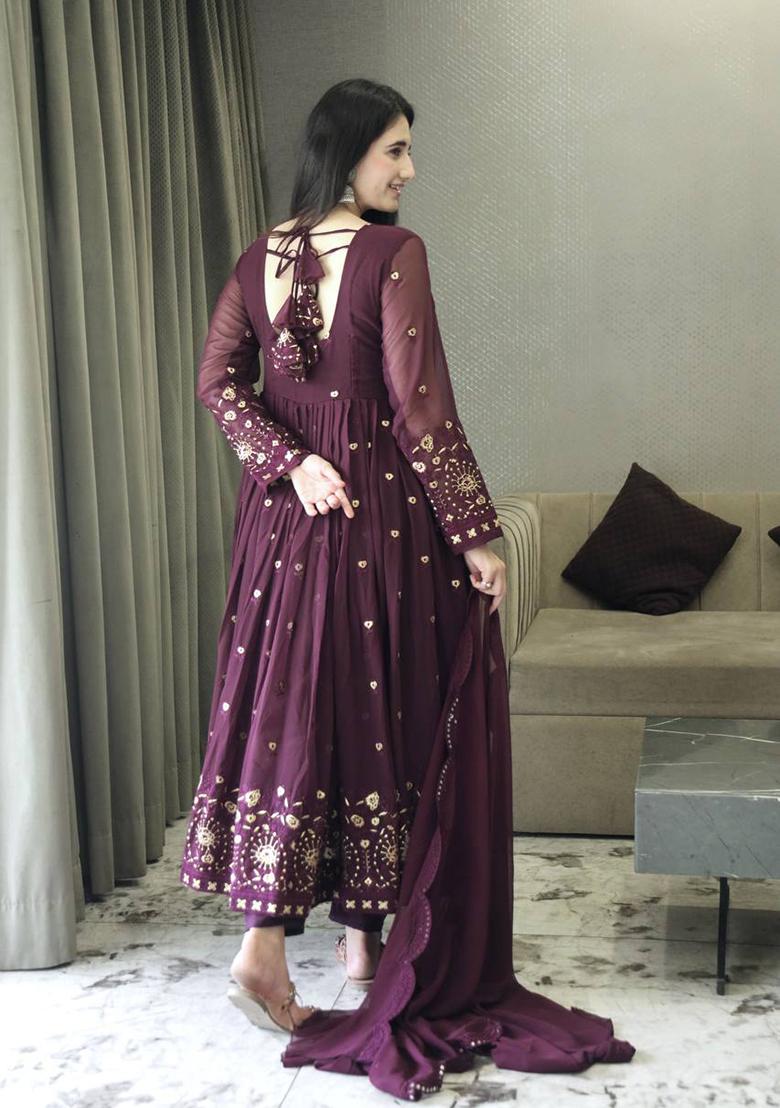 Wine Thread Sequin Embroidered Georgette Anarkali Set