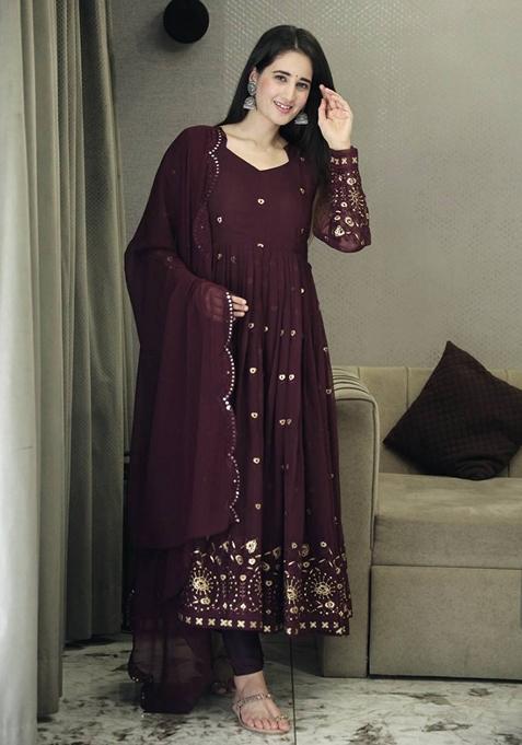 Wine Thread Sequin Embroidered Georgette Anarkali Set