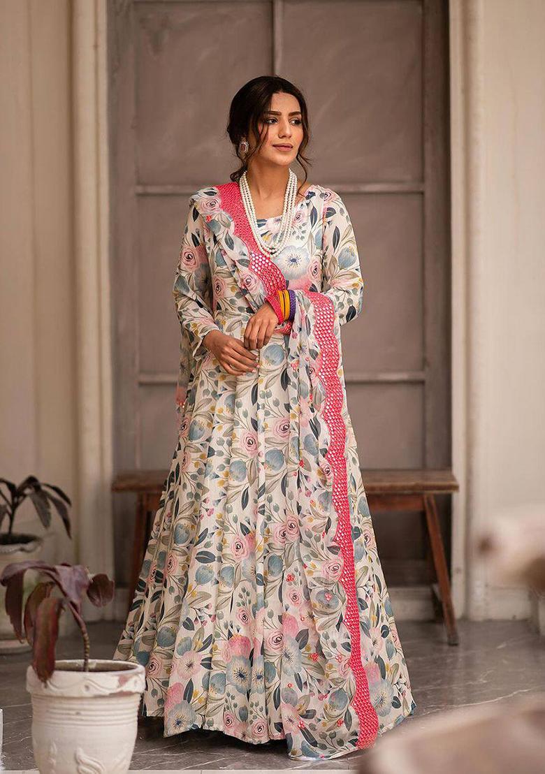 Multicolor Sequin Embroidered Digital Print Chinon Silk Anarkali Set