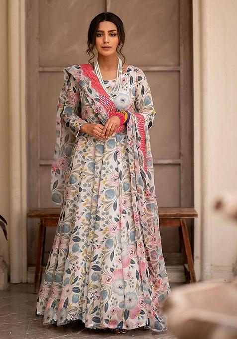 Multicolor Sequin Embroidered Digital Print Chinon Silk Anarkali Set