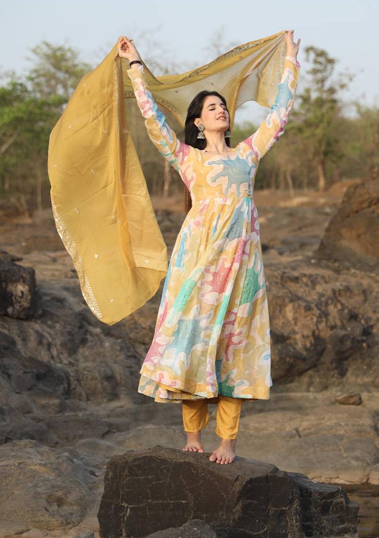 Multicolor Digital Print Organza Anarkali Set