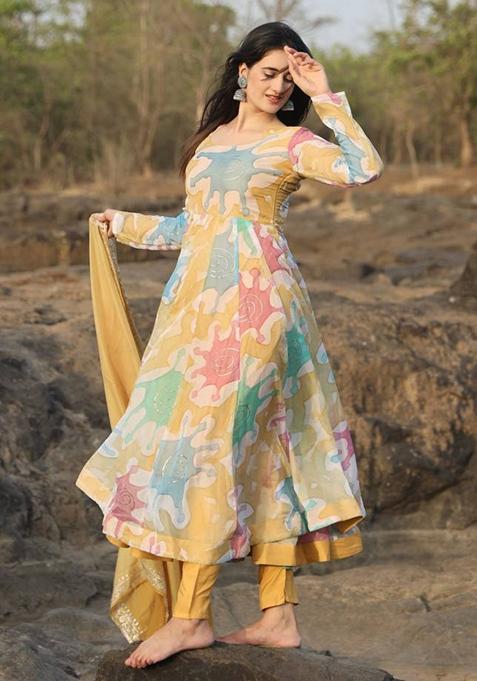 Multicolor Digital Print Organza Anarkali Set