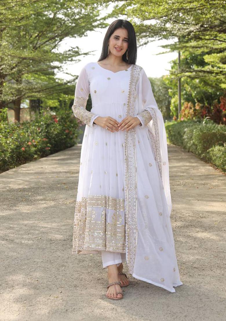 White Thread Sequin Embroidered Faux Georgette Anarkali Set