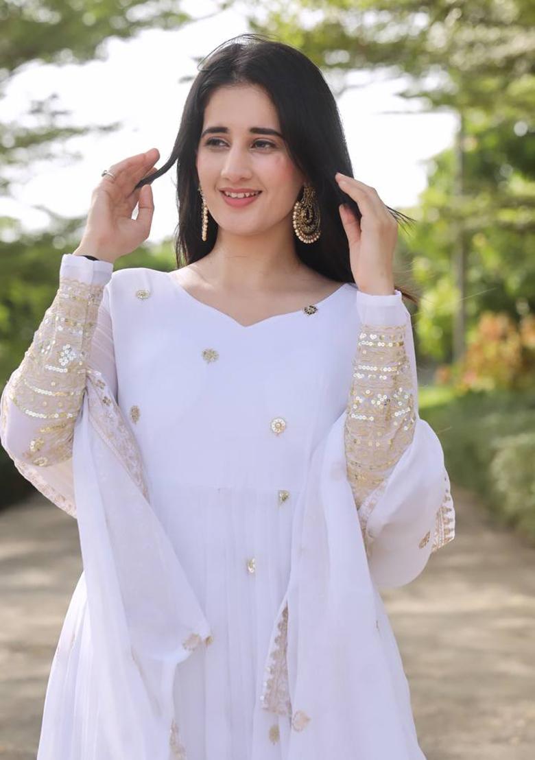 White Thread Sequin Embroidered Faux Georgette Anarkali Set