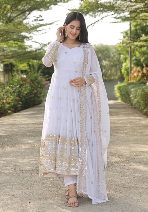 White Thread Sequin Embroidered Faux Georgette Anarkali Set