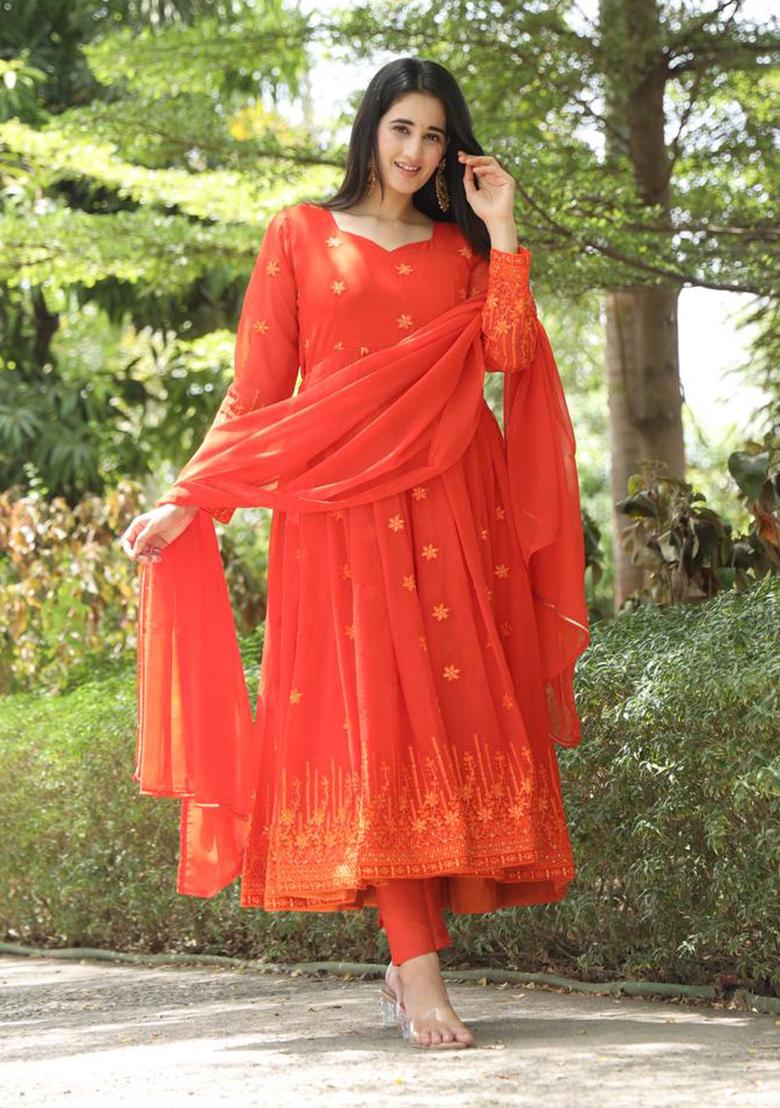Orange Thread Sequin Embroidered Georgette Anarkali Set