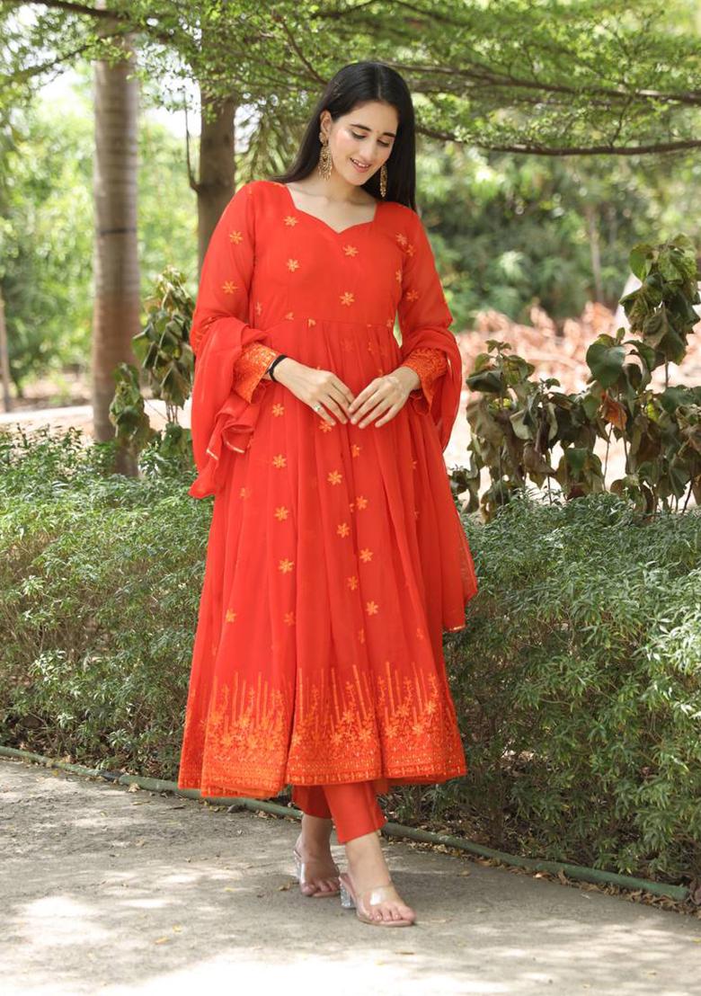 Orange Thread Sequin Embroidered Georgette Anarkali Set