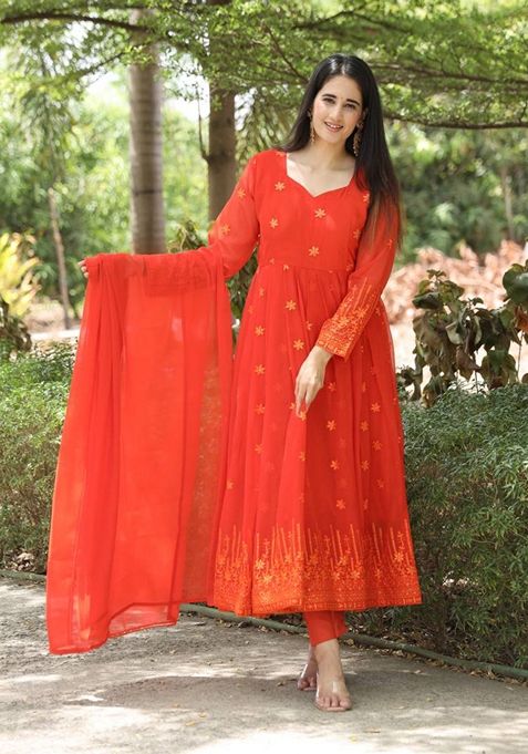 Orange Thread Sequin Embroidered Georgette Anarkali Set