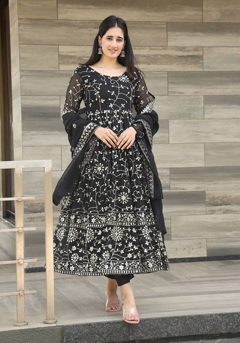 Black Thread Sequin Embroidered Georgette Anarkali Set