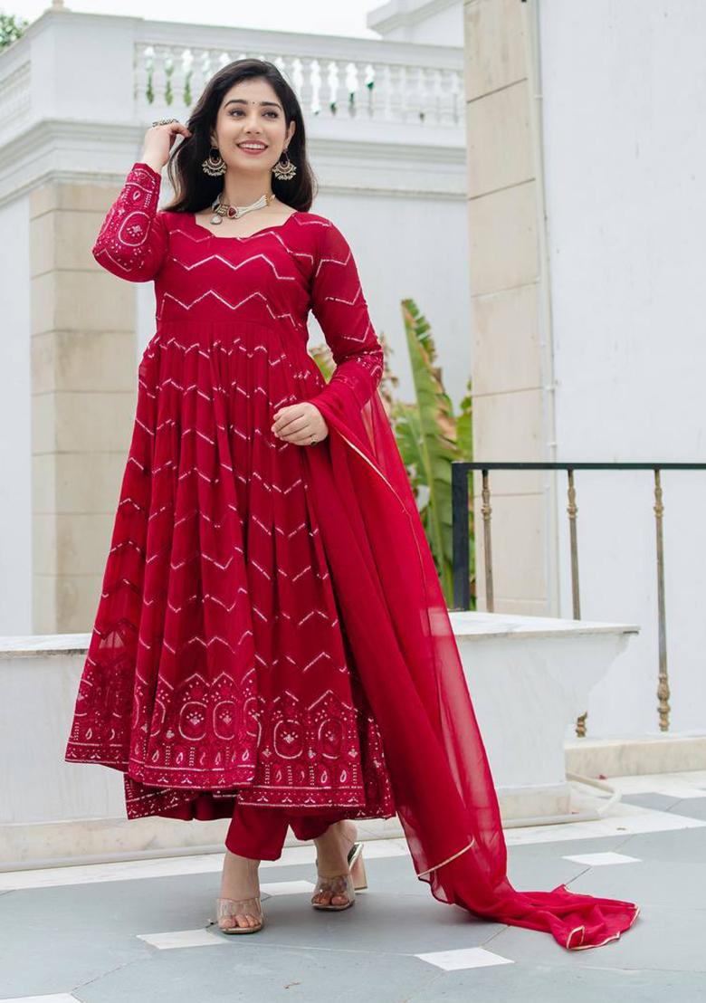 Maroon Thread Sequin Embroidered Georgette Anarkali Set