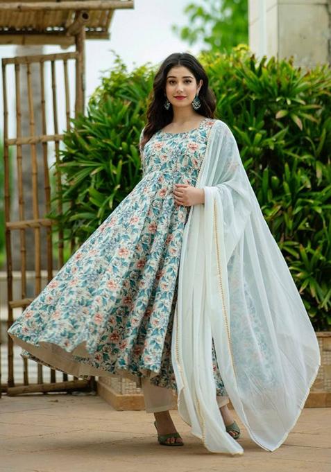 Multicolor Sequin Embroidered Digital Print Muslin Anarkali Set