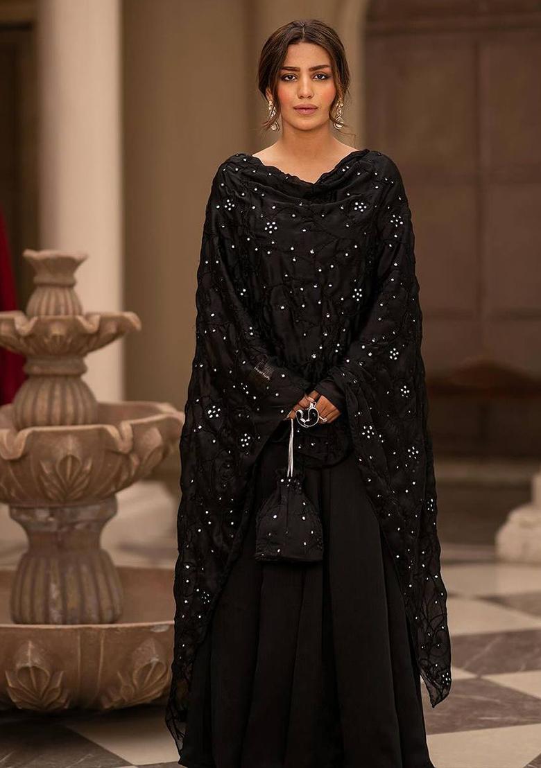 Black Thread Sequin Embroidered Cotton Anarkali Set