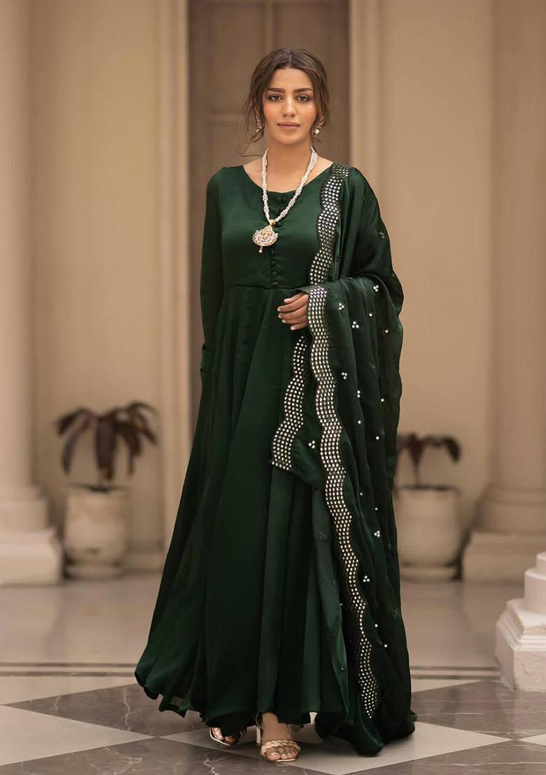 Green Thread Sequin Embroidered Cotton Anarkali Set