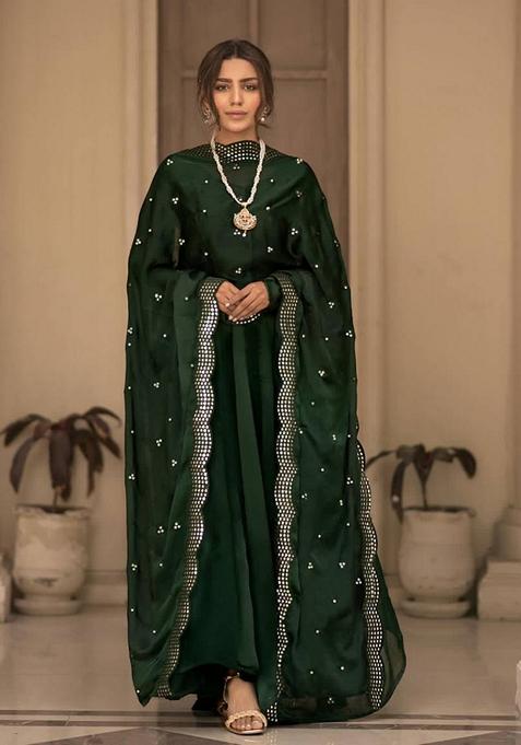 Green Thread Sequin Embroidered Cotton Anarkali Set