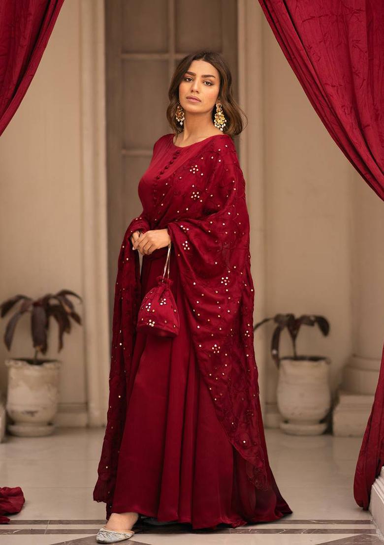 Maroon Thread Sequin Embroidered Cotton Anarkali Set