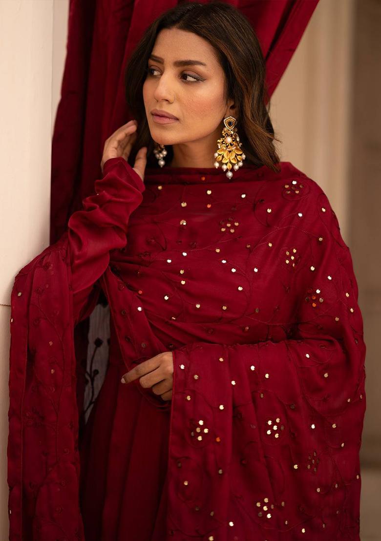 Maroon Thread Sequin Embroidered Cotton Anarkali Set