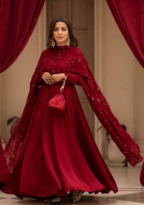 Maroon Thread Sequin Embroidered Cotton Anarkali Set