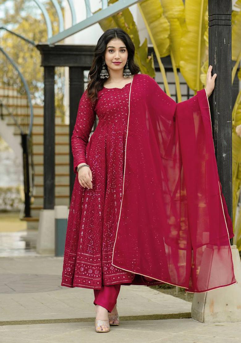 Maroon Thread Sequin Embroidered Georgette Anarkali Set