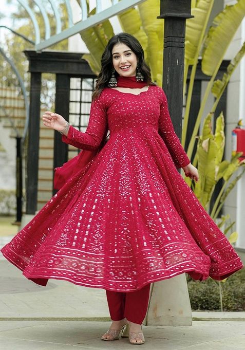 Maroon Thread Sequin Embroidered Georgette Anarkali Set