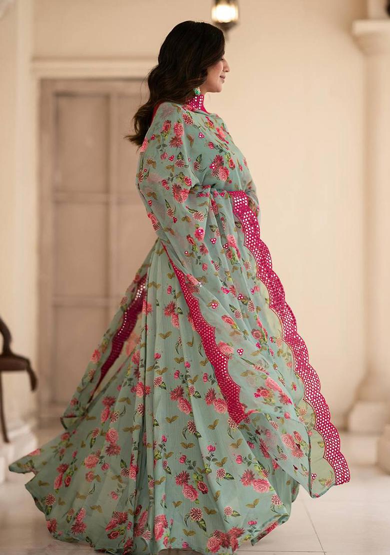 Multicolor Sequin Embroidered Digital Print Chinon Silk Anarkali Set