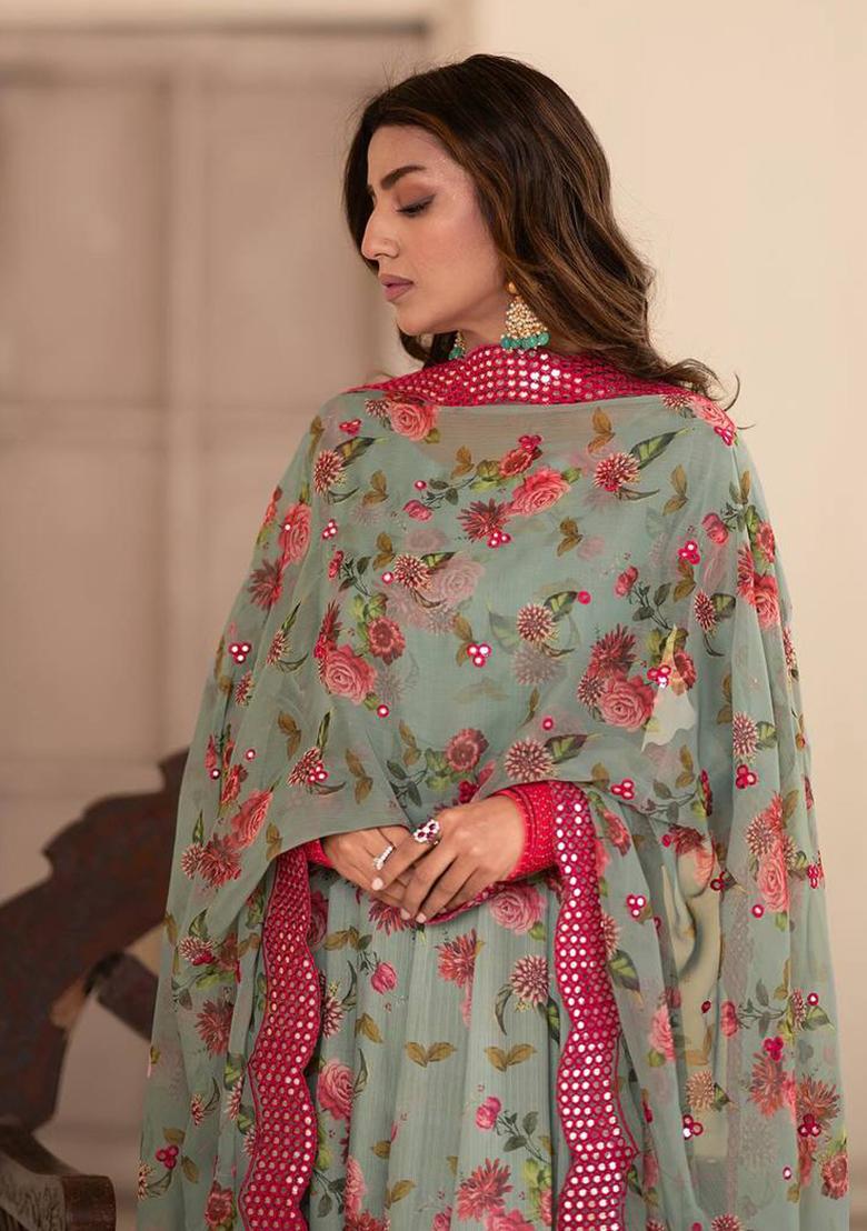 Multicolor Sequin Embroidered Digital Print Chinon Silk Anarkali Set