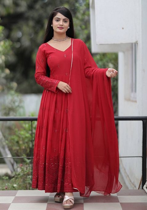 Maroon Thread Sequin Embroidered Georgette Anarkali Set