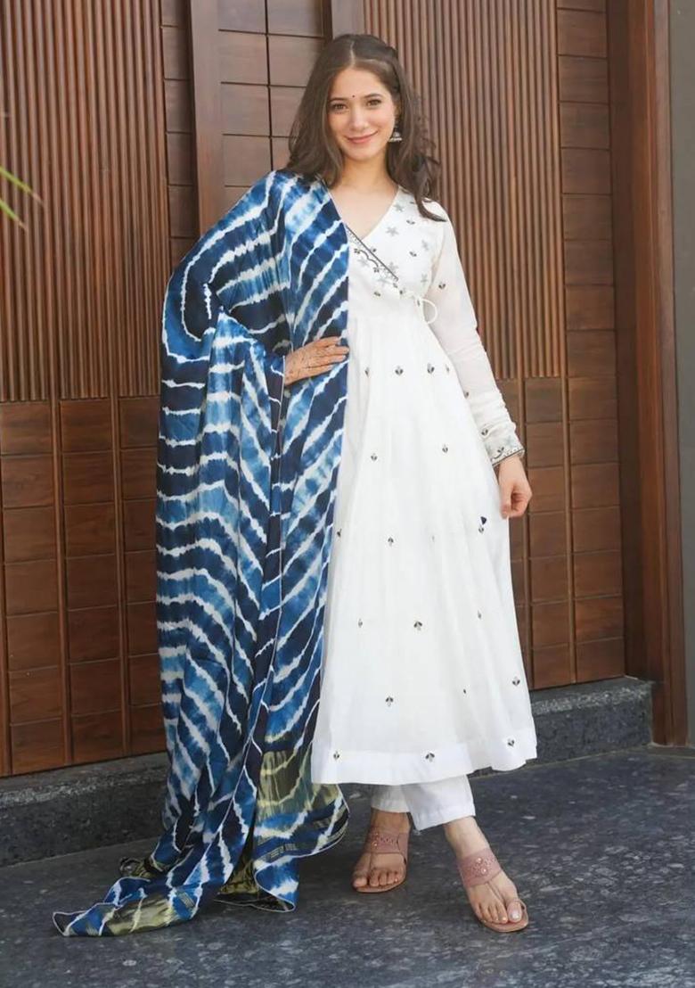 White Thread Sequin Embroidered Cotton Anarkali Set